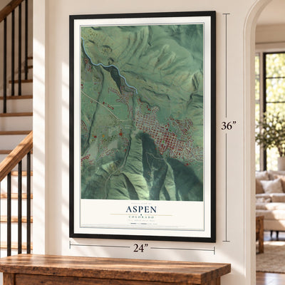 Aspen, Colorado map, 24 x 36 inch print in a black frame by a staircase