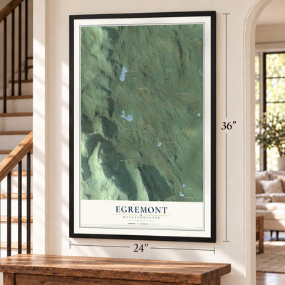 Egremont, Massachusetts map, 24 x 36 inch print in a black frame by a staircase