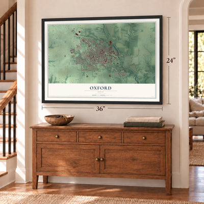 Oxford, Ohio map, 24 x 36 inch print in a black frame above a dresser by a staircase