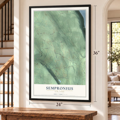 Sempronius, New York map, 24 x 36 inch print in a black frame by a staircase