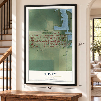 Tovey, Illinois map, 24 x 36 inch print in a black frame by a staircase