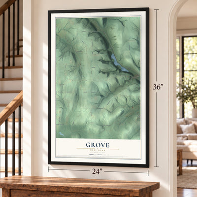 Grove, New York map, 24 x 36 inch print in a black frame by a staircase