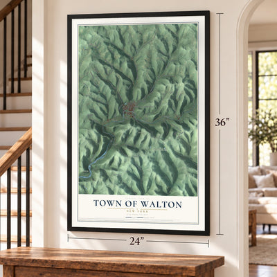 Town of Walton, New York map, 24 x 36 inch print in a black frame by a staircase