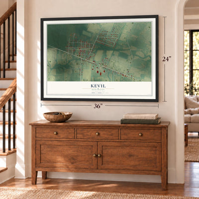 Kevil, Kentucky map, 24 x 36 inch print in a black frame above a dresser by a staircase