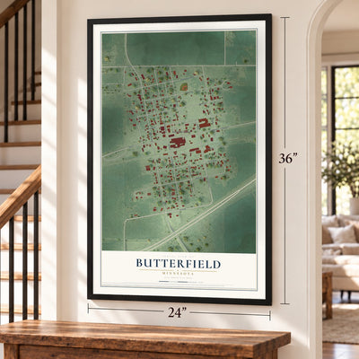 Butterfield, Minnesota map, 24 x 36 inch print in a black frame by a staircase