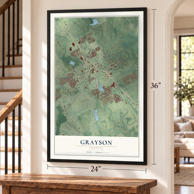 Grayson, Georgia map, 24 x 36 inch print in a black frame by a staircase