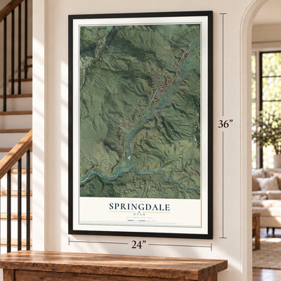 Springdale, Utah map, 24 x 36 inch print in a black frame by a staircase