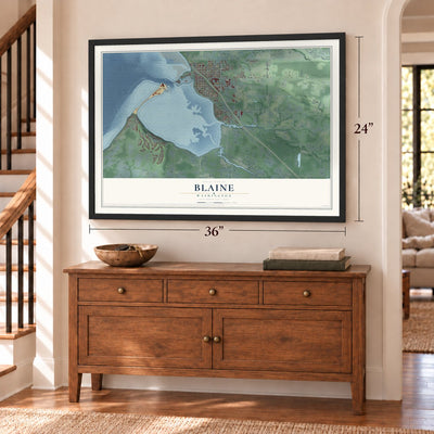 Blaine, Washington map, 24 x 36 inch print in a black frame above a dresser by a staircase