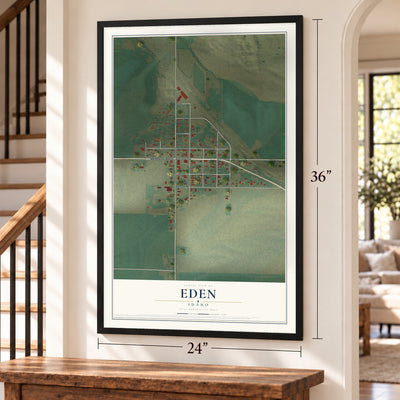Eden, Idaho map, 24 x 36 inch print in a black frame by a staircase