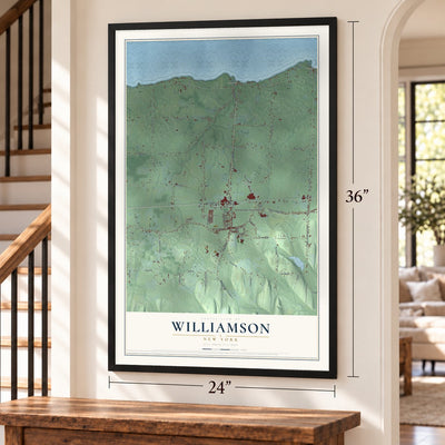 Williamson, New York map, 24 x 36 inch print in a black frame by a staircase