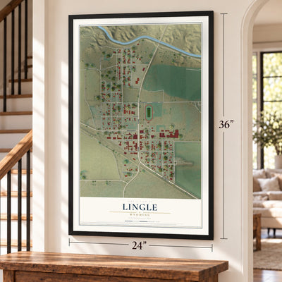 Lingle, Wyoming map, 24 x 36 inch print in a black frame by a staircase