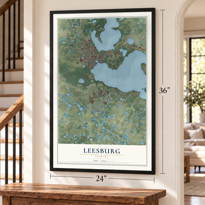 Leesburg, Florida map, 24 x 36 inch print in a black frame by a staircase