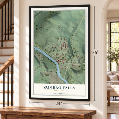 Zumbro Falls, Minnesota map, 24 x 36 inch print in a black frame by a staircase
