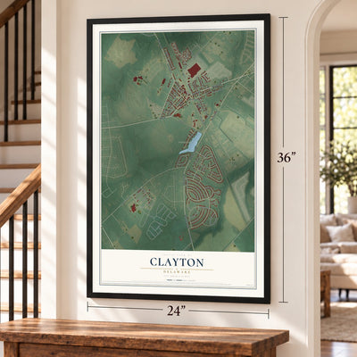Clayton, Delaware map, 24 x 36 inch print in a black frame by a staircase