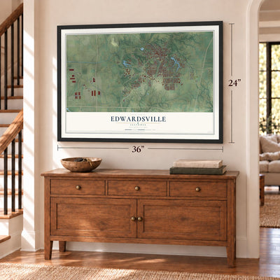 Edwardsville, Illinois map, 24 x 36 inch print in a black frame above a dresser by a staircase