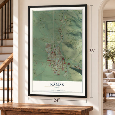 Kamas, Utah map, 24 x 36 inch print in a black frame by a staircase