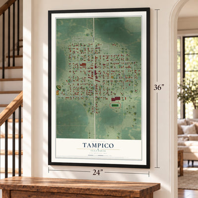 Tampico, Illinois map, 24 x 36 inch print in a black frame by a staircase