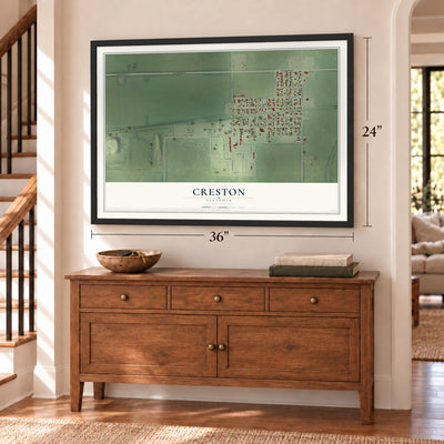 Creston, Illinois map, 24 x 36 inch print in a black frame above a dresser by a staircase
