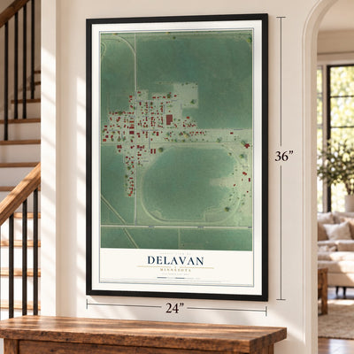 Delavan, Minnesota map, 24 x 36 inch print in a black frame by a staircase