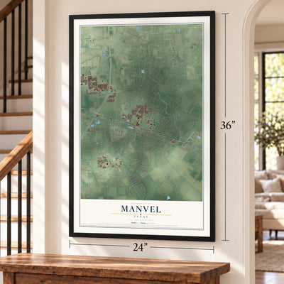 Manvel, Texas map, 24 x 36 inch print in a black frame by a staircase