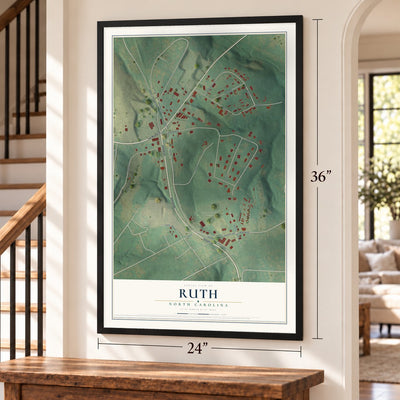 Ruth, North Carolina map, 24 x 36 inch print in a black frame by a staircase