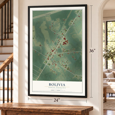 Bolivia, North Carolina map, 24 x 36 inch print in a black frame by a staircase