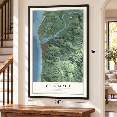 Gold Beach, Oregon map, 24 x 36 inch print in a black frame by a staircase