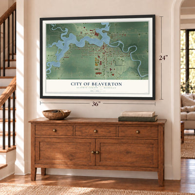 Beaverton, Michigan map, 24 x 36 inch print in a black frame above a dresser by a staircase