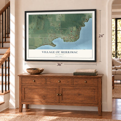 Merrimac, Wisconsin map, 24 x 36 inch print in a black frame above a dresser by a staircase