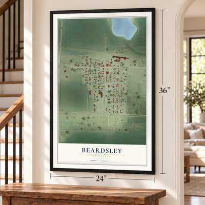 Beardsley, Minnesota map, 24 x 36 inch print in a black frame by a staircase