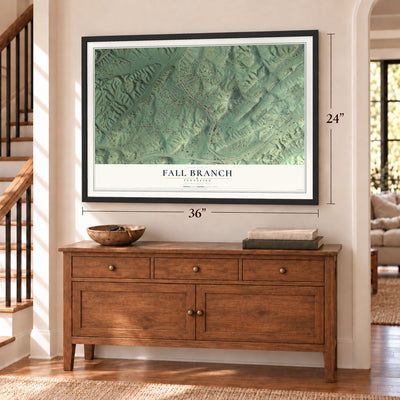 Fall Branch, Tennessee map, 24 x 36 inch print in a black frame above a dresser by a staircase