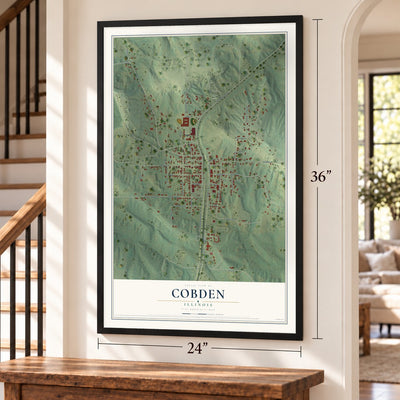 Cobden, Illinois map, 24 x 36 inch print in a black frame by a staircase
