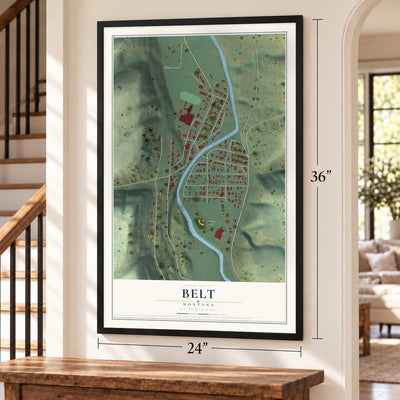 Belt, Montana map, 24 x 36 inch print in a black frame by a staircase