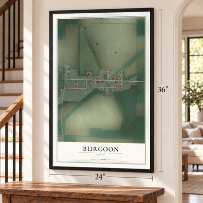 Burgoon, Ohio map, 24 x 36 inch print in a black frame by a staircase
