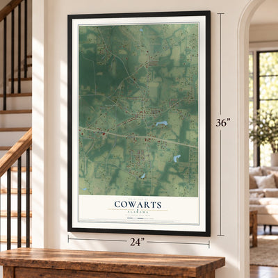 Cowarts, Alabama map, 24 x 36 inch print in a black frame by a staircase
