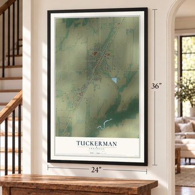 Tuckerman, Arkansas map, 24 x 36 inch print in a black frame by a staircase