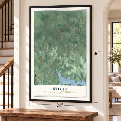 Worth, Butler County, Pennsylvania map, 24 x 36 inch print in a black frame by a staircase