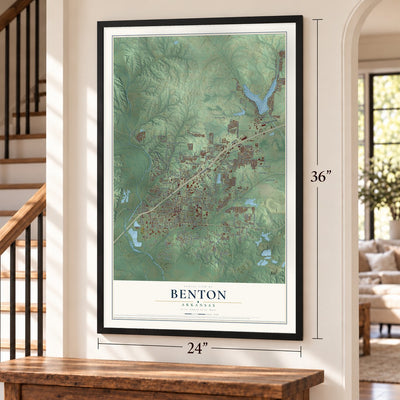 Benton, Arkansas map, 24 x 36 inch print in a black frame by a staircase