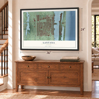 Lantana, Florida map, 24 x 36 inch print in a black frame above a dresser by a staircase