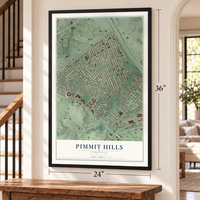 Pimmit Hills, Virginia map, 24 x 36 inch print in a black frame by a staircase