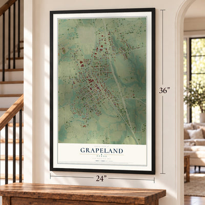Grapeland, Texas map, 24 x 36 inch print in a black frame by a staircase