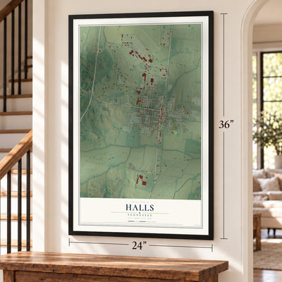 Halls, Tennessee map, 24 x 36 inch print in a black frame by a staircase