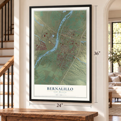 Bernalillo, New Mexico map, 24 x 36 inch print in a black frame by a staircase