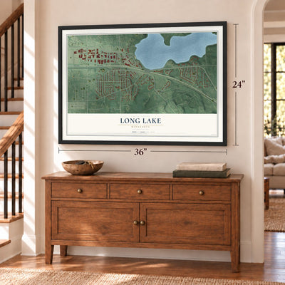 Long Lake, Minnesota map, 24 x 36 inch print in a black frame above a dresser by a staircase