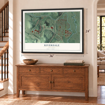 Riverdale, New Jersey map, 24 x 36 inch print in a black frame above a dresser by a staircase