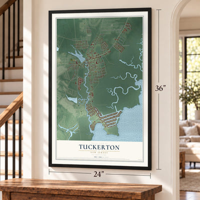 Tuckerton, New Jersey map, 24 x 36 inch print in a black frame by a staircase