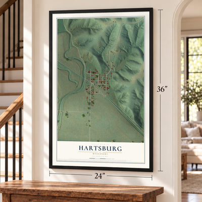 Hartsburg, Missouri map, 24 x 36 inch print in a black frame by a staircase