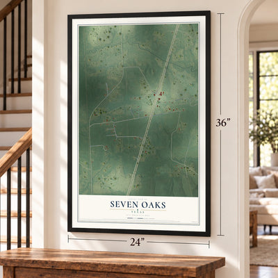 Seven Oaks, Texas map, 24 x 36 inch print in a black frame by a staircase