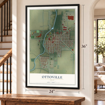 Ottoville, Ohio map, 24 x 36 inch print in a black frame by a staircase