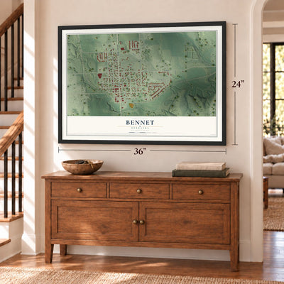 Bennet, Nebraska map, 24 x 36 inch print in a black frame above a dresser by a staircase
